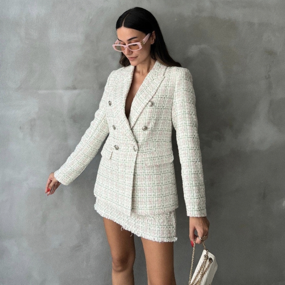 ZARA Set 2 pc Double Breasted Textured Tweed Blazer and Skort